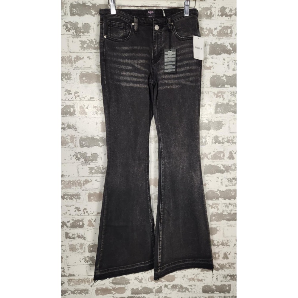 Forever 21 Bratz Flare Jeans 25 Black Y2K Rhinestone Logo Distressed‎ Raw Hem
